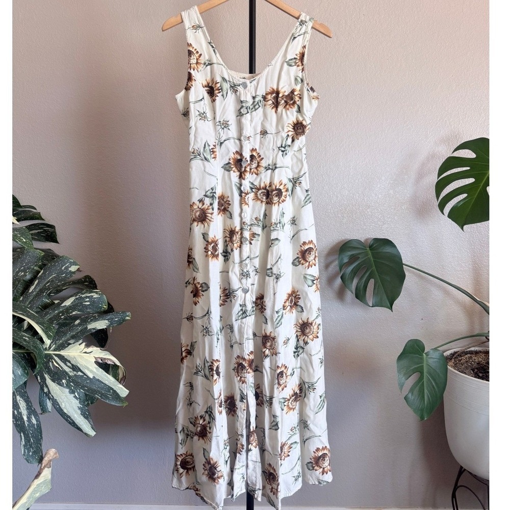 Vintage Express Sunflower Maxi Dress Cream Floral Button Front 90s Rayon 9/10